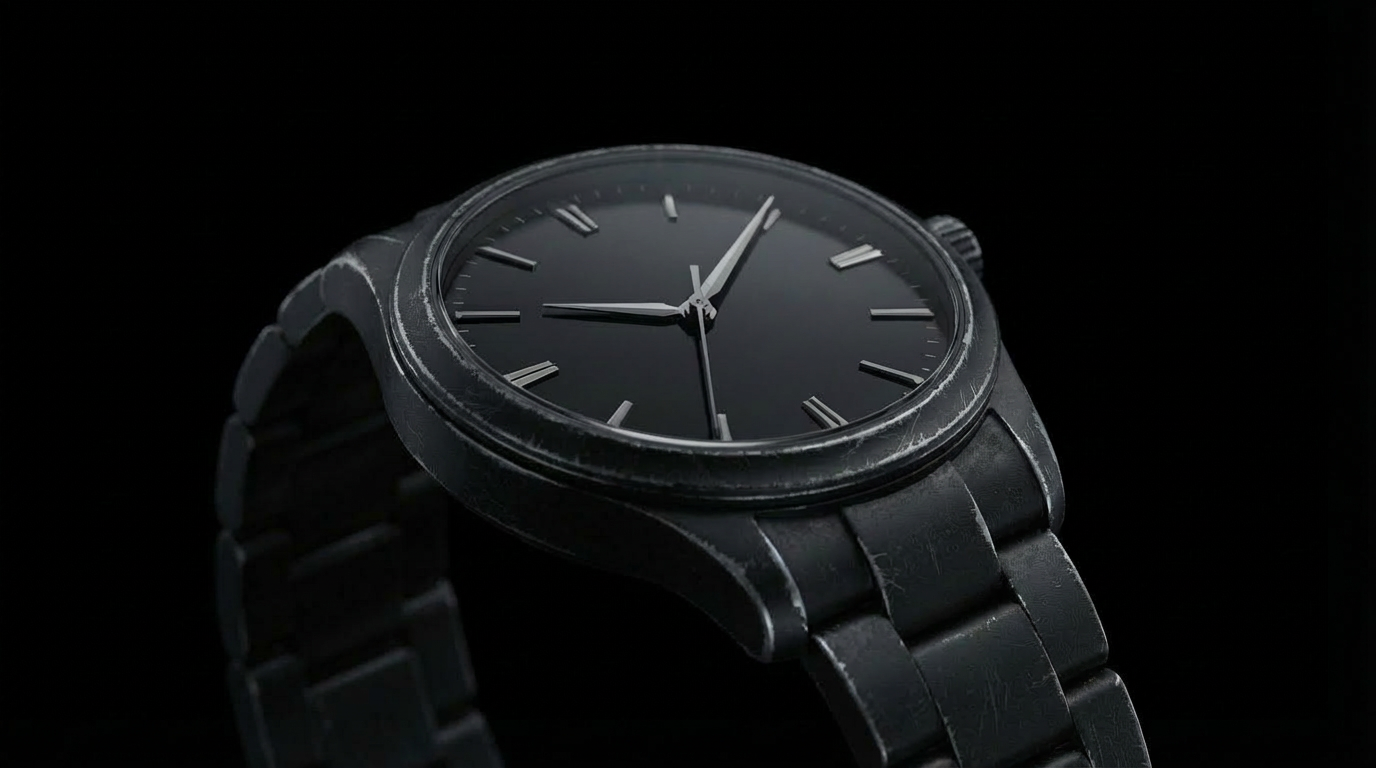 Black powder-coated wristwatch with visible scratches.