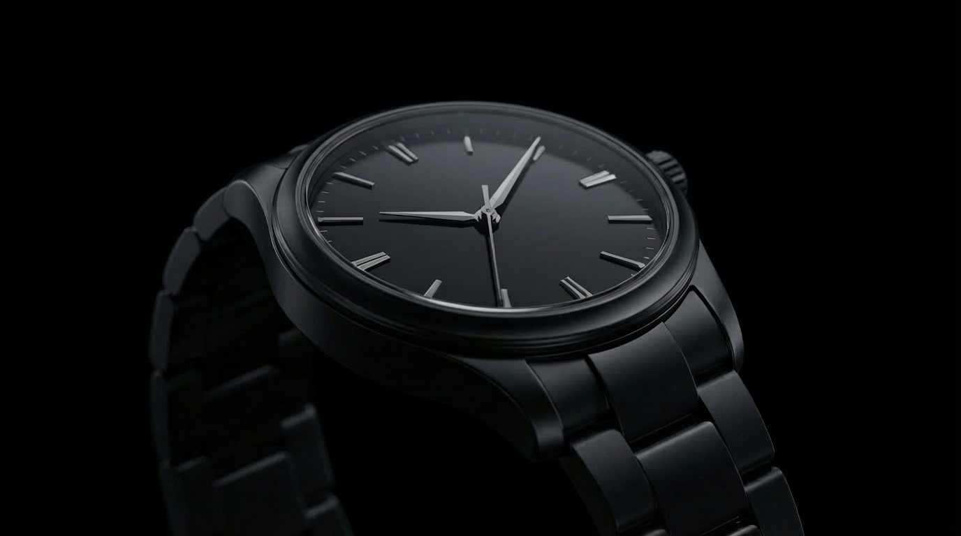 Deep black PVD coating on a black wristwatch with matte metal bracelet – example of RUBIG PVD coating