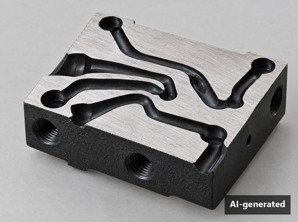 Aufgeschnittener, additiv gefertigter Verteilerblock mit beschichteten Innenkanälen