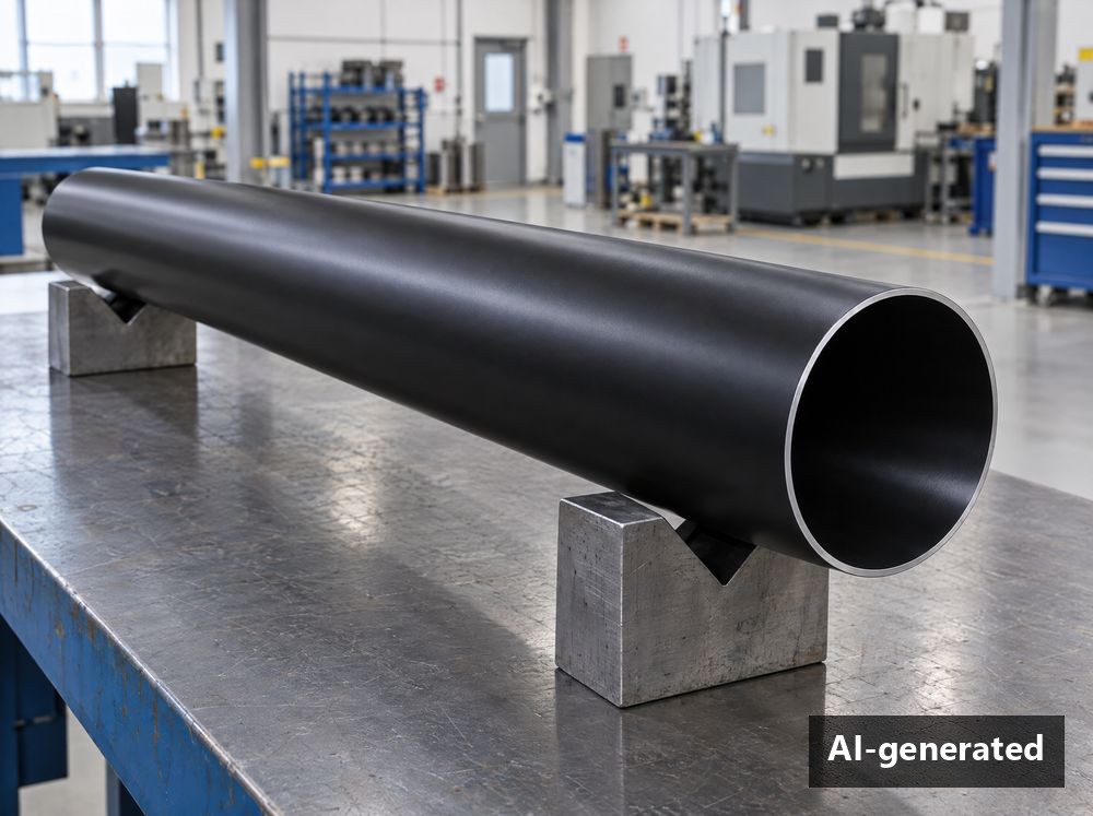Long stainless steel pipe on V-block supports with a dark-coated inner surface