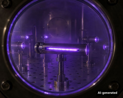 Blick durch ein Sichtfenster: Plasma leuchtet im Inneren eines geschlitzten Versuchsrohrs