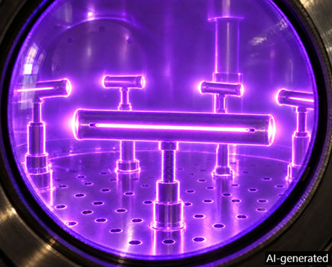 View through a sight glass: plasma glowing inside a slotted test tube
