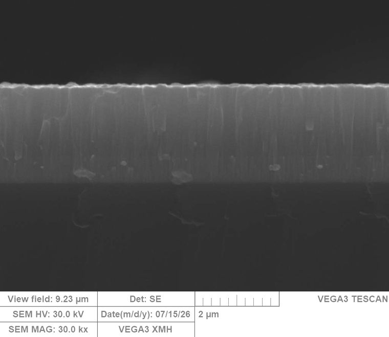 Scanning electron micrograph of a CrN coating cross-section with a clearly visible columnar coating structure on the substrate