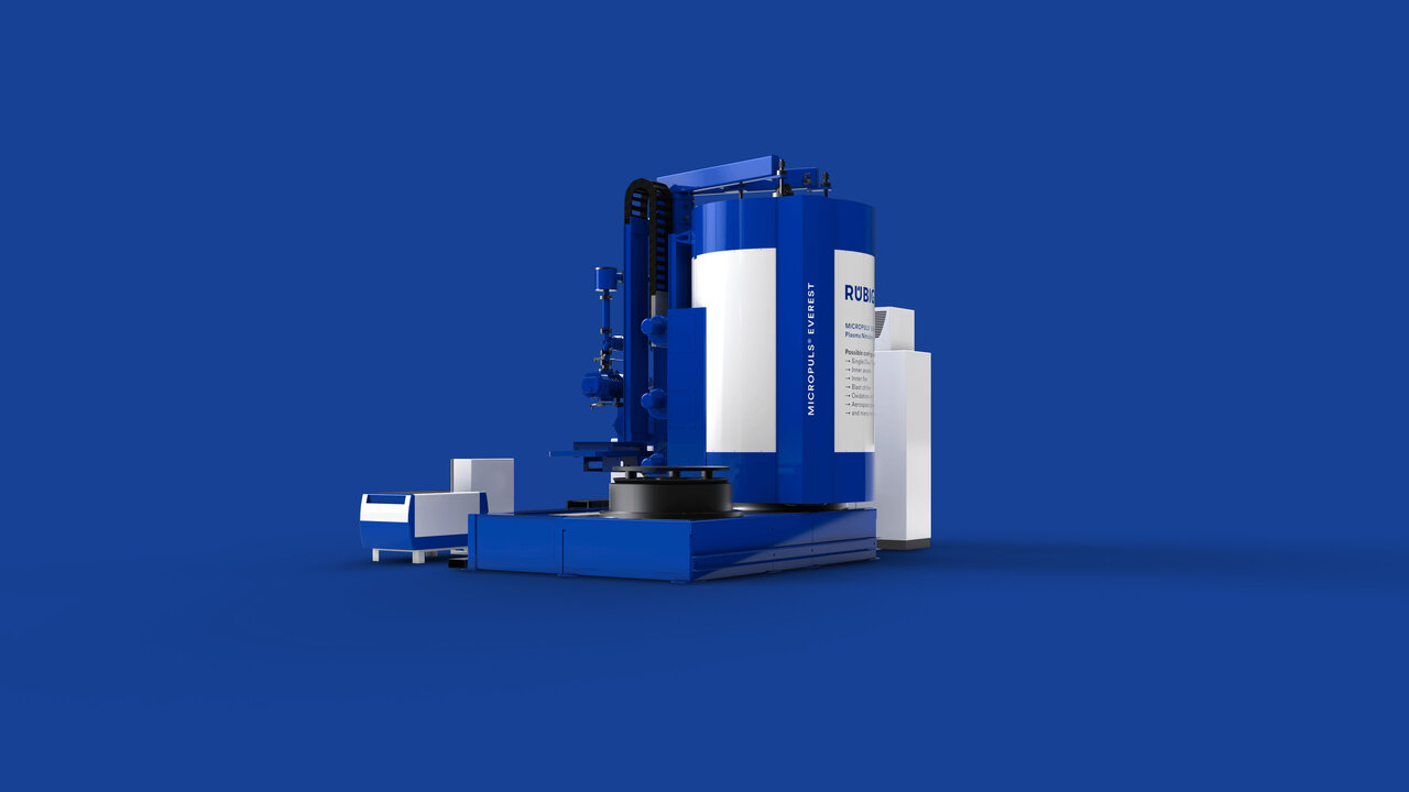 Visualisierung einer RÜBIG Plasmanitrieranlage mit blauem Hintergrund