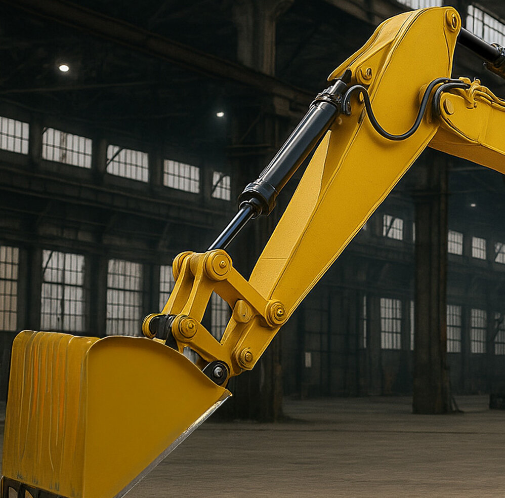 Hydraulikzylinder mit PACVD-Beschichtung als Chrom 6-Ersatz | RÜBIG Beschichtungslösungen für Baumaschinen Baggerarm mit Hydraulikzylinder und Tieflöffel in Industriehalle – geeignet für kohlenstoffbasierte PACVD-Beschichtungen