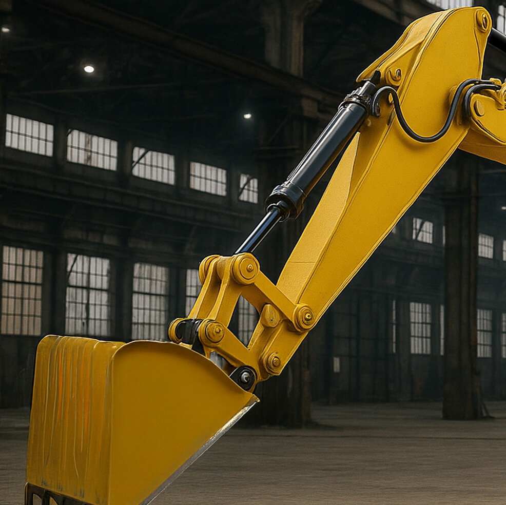 Hydraulický valec s PACVD povlakom ako náhrada chróm 6 | RÜBIG Povrchové riešenia pre ťažké stroje Rameno rýpadla s hydraulickým valcom a lyžicou v priemyselnej hale – vhodné pre uhlíkové PACVD povlaky ako bezchrómové riešenie na zvýšenie odolnosti voči opotrebovaniu hydraulických komponentov.