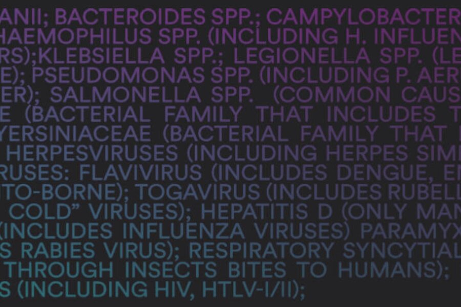 Die Namen vieler Viren und Bakterien niedergeschrieben auf schwarzem Hintergrund