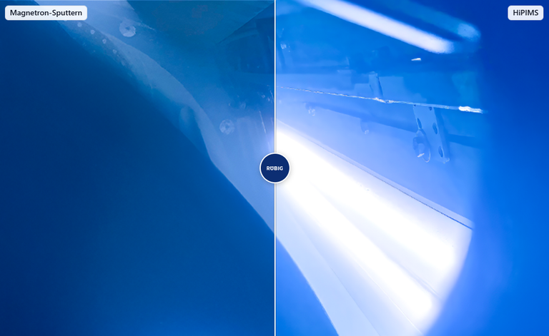 RÜBIG Vergleich: Magnetron-Sputtern vs. HiPIMS im PVD-Prozess (Split-Bild)
