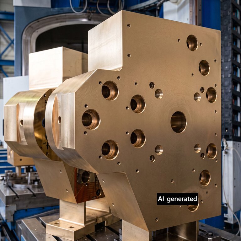Gold-coloured TiN-coated machine component with many bores in front of the PACVD coating system