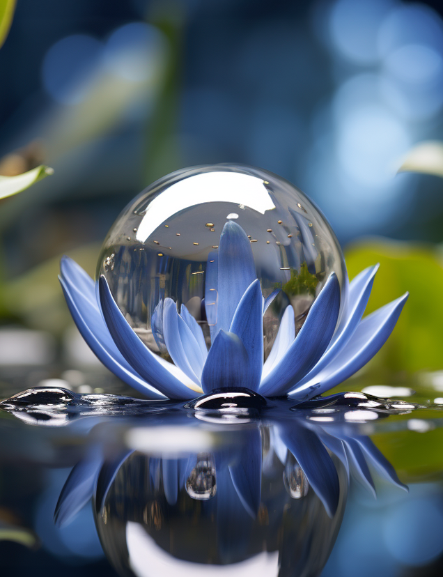 durchsichtige kleine Kugel in einem Lotusblatt in einem Teich