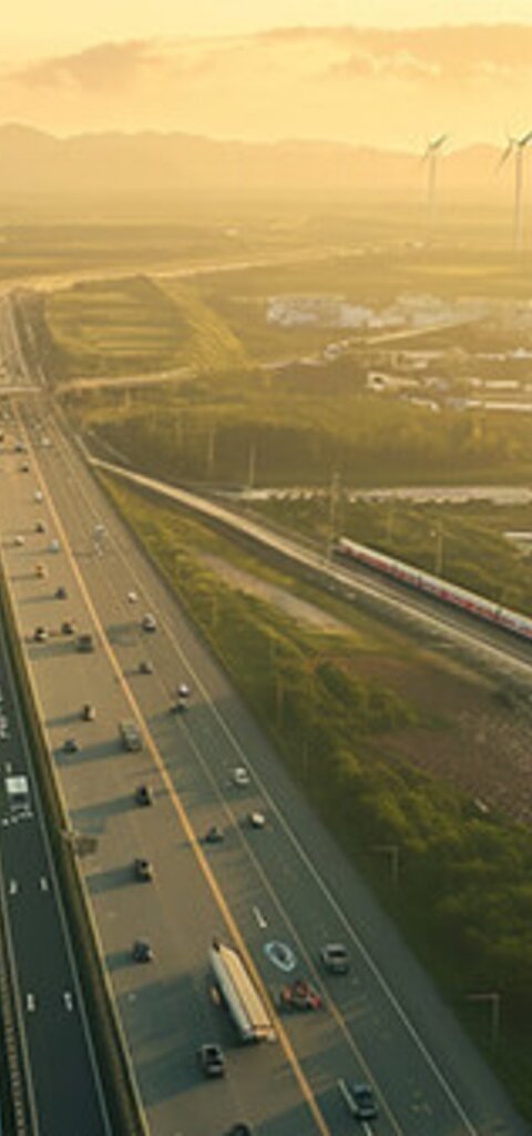 Flugzeug über Autobahn mit Windkraftanlagen bei Sonnenuntergang – Symbol für nachhaltige Mobilität, industrielle Wärmebehandlung und zukunftsweisende Härtetechnik von RÜBIG