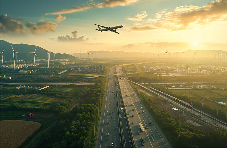 Flugzeug über Autobahn mit Zug und Windrädern bei Sonnenuntergang – RÜBIG prägt die Zukunft in Automobilbau, Luftfahrt, Windenergie und Bahnverkehr
