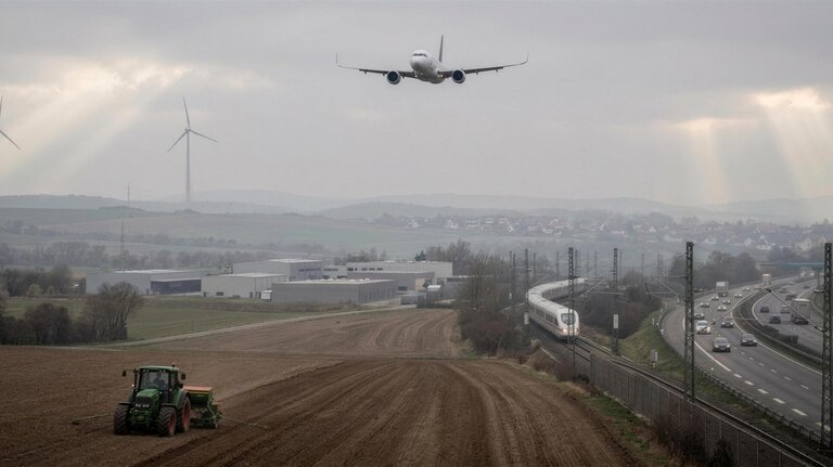 Airplane over highway with wind turbines at sunset – representing sustainable mobility, industrial heat treatment, and advanced hardening technology by RÜBIG
