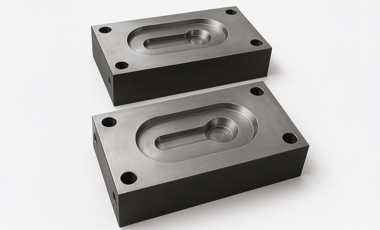 Precision forging dies with nitriding potential – ideal for nitriding to increase tool life and surface hardness with plasma nitriding & gas nitriding. Two high-precision steel forging dies with polished cavities, typical for metal forming processes. These components are highly suitable for plasma nitriding & gas nitriding.