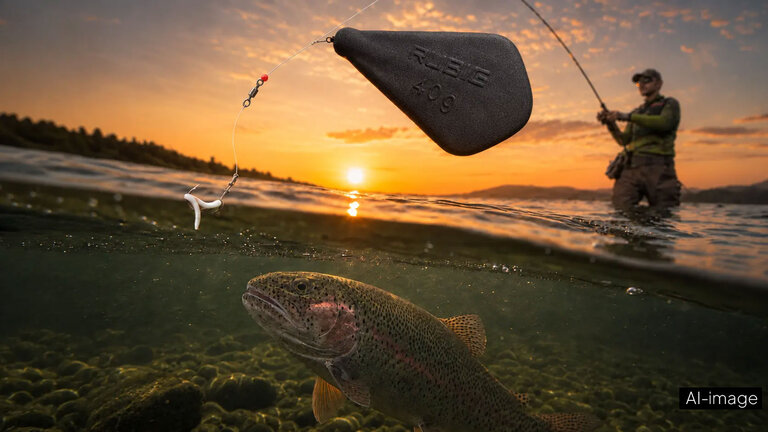 RÜBIG Angelgewicht aus Stahl beim Angeln mit Fisch im Wasser