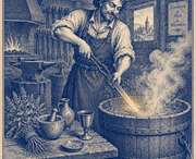 Historische Illustration eines Metallarbeiters bei der Stahlhärtung an einem dampfenden Härtebad.